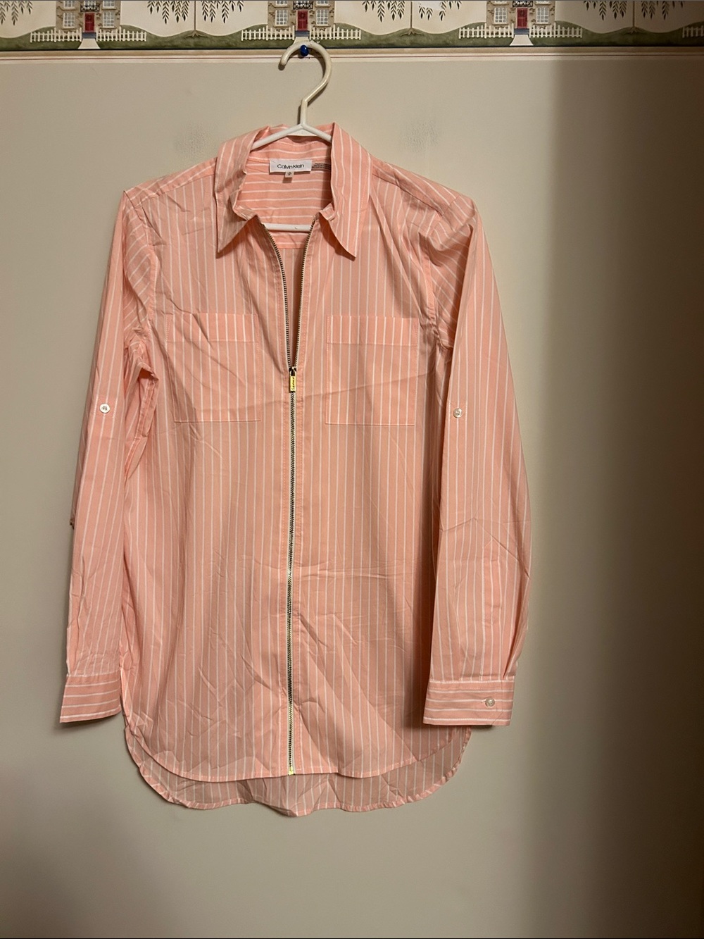 Calvin Klein long sleeve  peach stripe cotton/nylon button front blouse size S